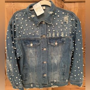 Peach Love Denim Pearl Jacket. Size small. Brand new with tags